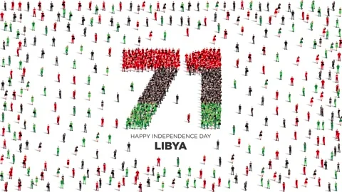 Happy Independence Day Libya Greeting. A large group of people forms number 71 Stock Footage 225863505