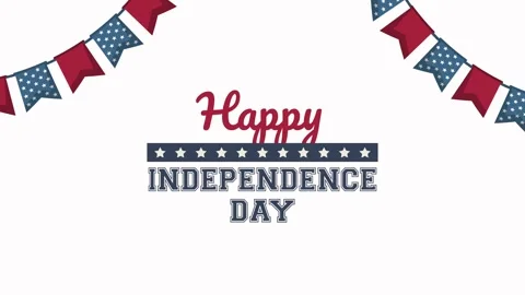 Happy independence day text animation with stars and garlands on white back.. Stock Footage 338315820