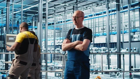 Happy industry 4.0 solar panels plant elderly supervisor overseeing facility Stock Footage 305499310