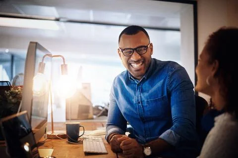 Happy, intern or manager on computer for web design, startup website or coaching 写真素材