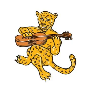 Happy Jaguar Playing Acoustic Guitar Cartoon Stock Illustration