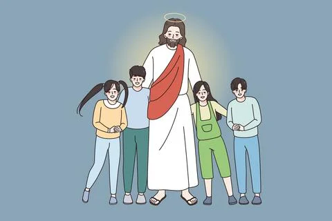 Happy Jesus hug embrace small smiling children Stock Illustration