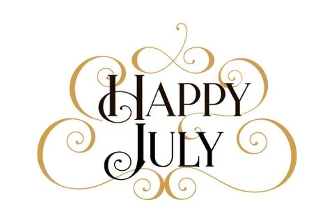 Happy July. Handwritten modern brush black text, gold swirl, white background Illustrazione stock