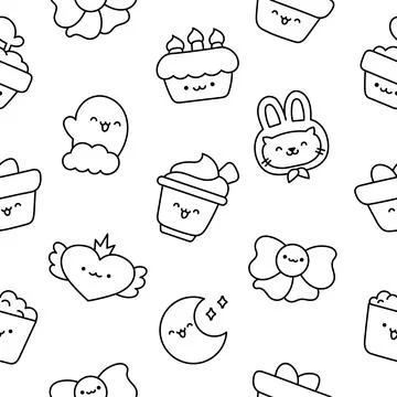 Happy kawaii. Seamless pattern. Coloring Page. Illustrazione stock