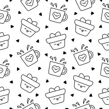 Happy kawaii. Seamless pattern. Coloring Page. Illustrazione stock