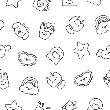 Happy kawaii. Seamless pattern. Coloring Page. Stock Illustration