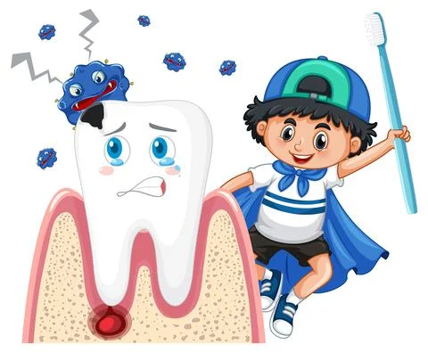 Happy kid brushing and take care a tooth decay on white background Stock Illustration