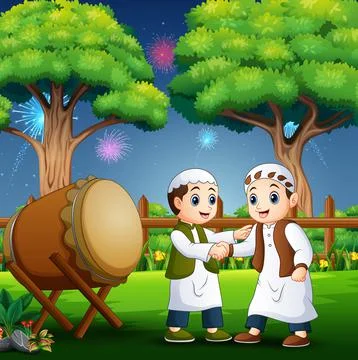 Happy kid celebrating eid al fitr Stock Illustration