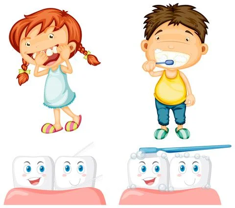 Happy kid flossing teethand brushing teeth with big teeth on white background Stock Illustration