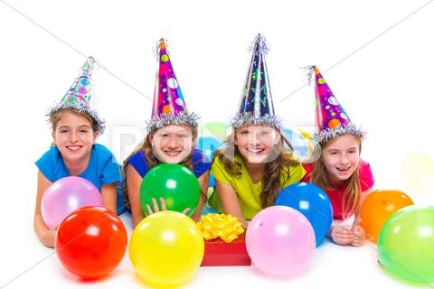 Happy kid girls birthday party balloons and gift Stock Photos