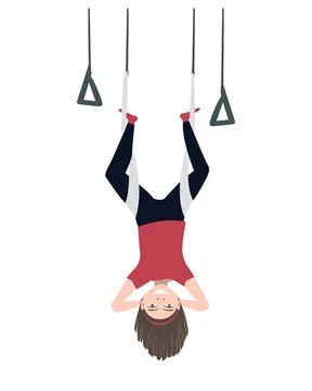 Happy kid hanging upside down in an aerial hammock. Fly yoga vector isolated Stock Illustration