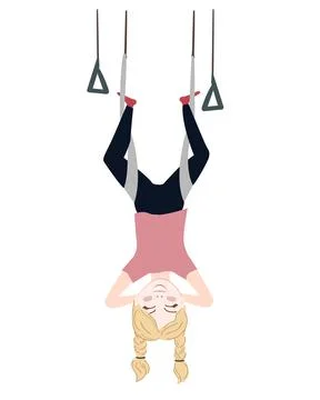 Happy kid hanging upside down in an aerial hammock. Girl exercises at Stock Illustration