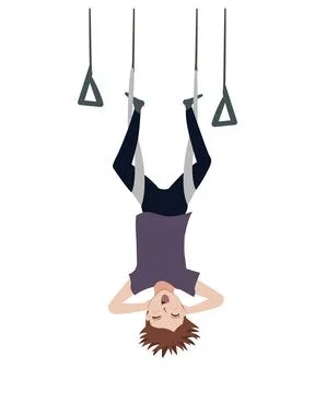 Happy kid hanging upside down in an aerial hammock. Boy exercises at antigravity Stock Illustration