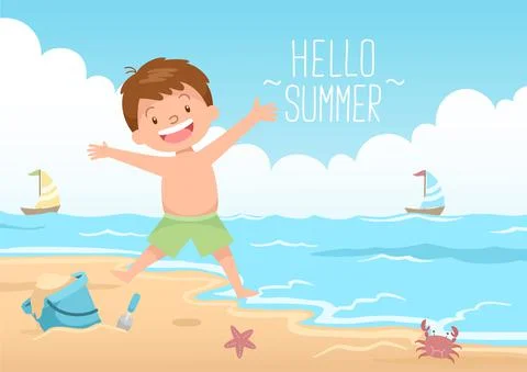 Happy kid jumping hello summer Stock Illustration