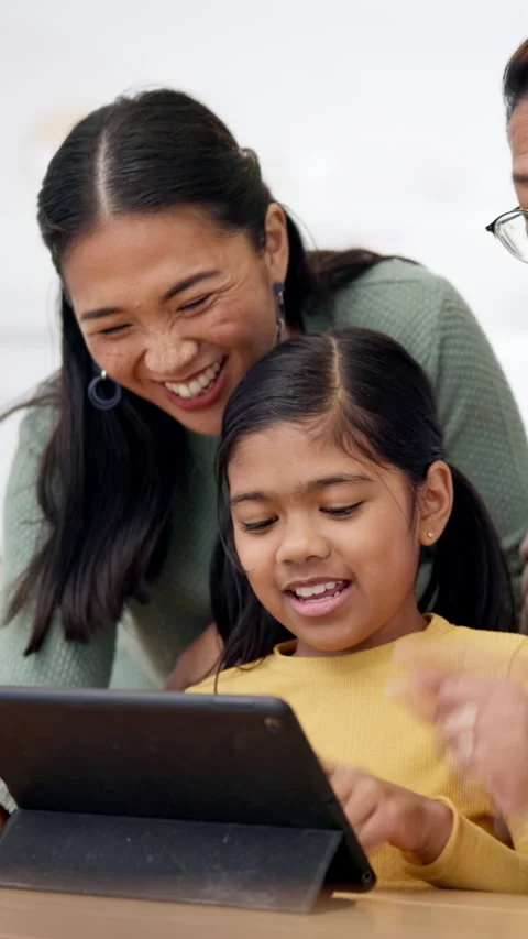 Happy, kid or tablet in home for family trivia, virtual board game or bonding Stock Footage 336804828