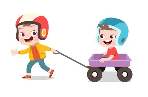 Happy kid play with wagon vector illustration Ilustración de archivo