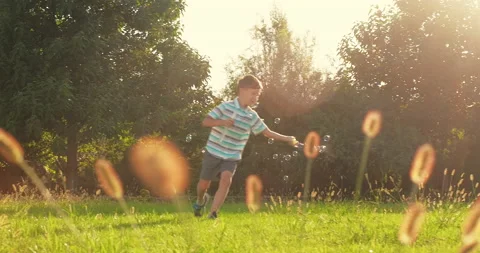 Happy kid playing with soap bubbles Stock Footage 239856748