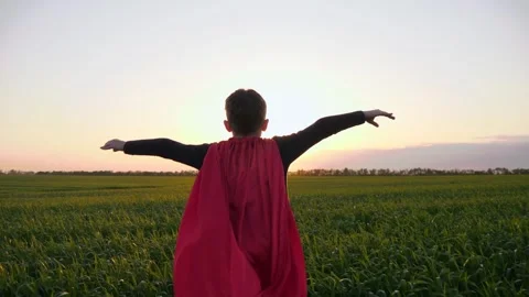 A happy kid runs through a green meadow in the rays of the sun during sunset. A Stock Footage 241714554