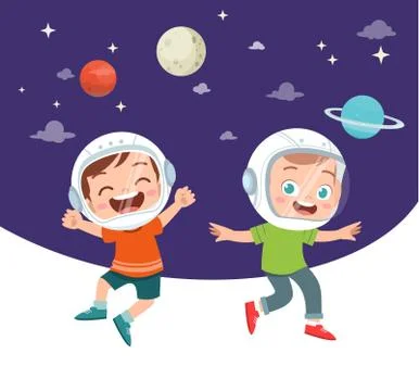 Happy kid study astronomy planet stars Ilustración de archivo