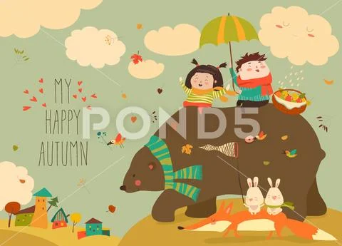 Happy kids with bear and fox in autumn forest Stock Illustration