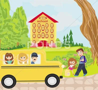 Happy kids go to school Stock Illustration