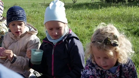 Happy kids having picnic in autumn park, children eating Stock Footage