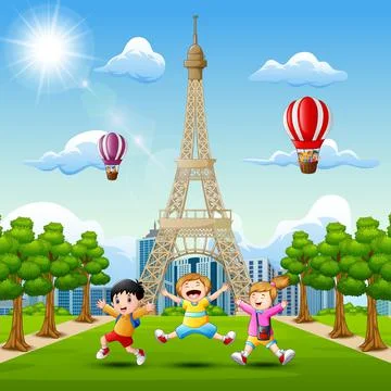 Happy kids playing in front of eiffel tower background 库存插图