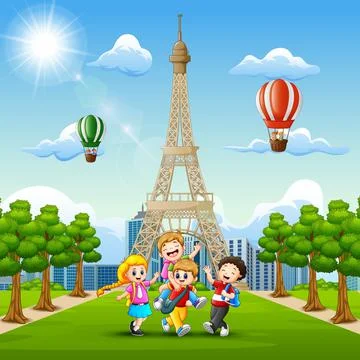 Happy kids playing in front of eiffel tower background Stock Illustration