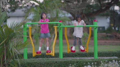 Happy kids playing in playground  스톡 동영상 143201935