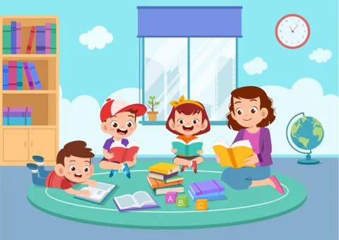 Happy kids read book study together Ilustración de archivo