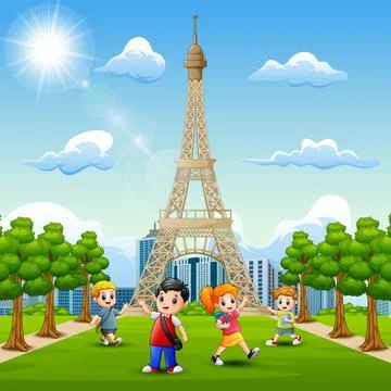 Happy kids study in front of eiffel tower background Stock Illustration