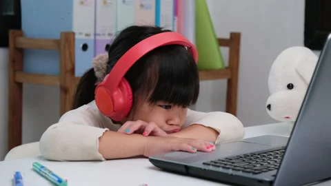 Happy kids study online interactively with laptop computer or homeschooling Stock Footage 235790978
