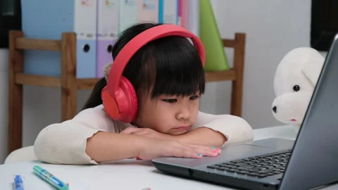 Happy kids study online interactively with laptop computer or homeschooling Stock Footage 235791068