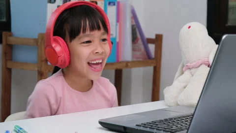 Happy kids study online interactively with laptop computer or homeschooling Stock Footage 235794228