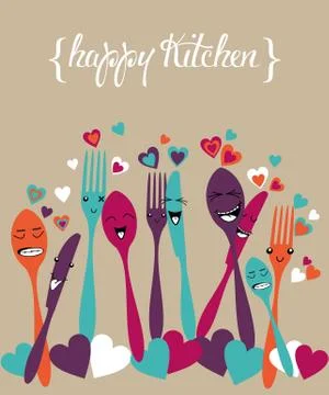 Happy kitchen silverware cartoon set Stock Illustration