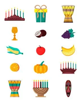 Happy Kwanzaa vector set in hand drawn style for web, card, social media. Hap 스톡 일러스트