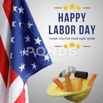 Happy labor day, american flag, hard hat and construction tools PSD Template