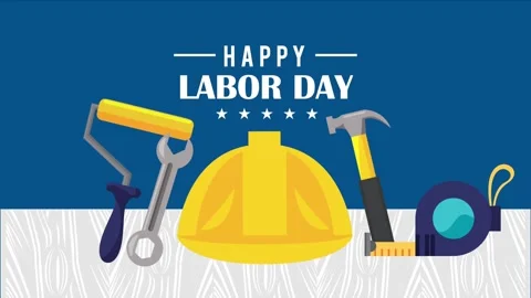 Happy labor day animation with construction tools and hard hat on wooden ta.. Video stock 339085754