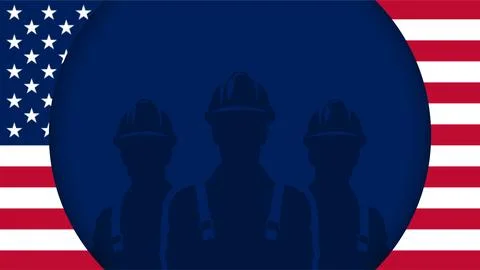 Happy Labor Day background with US flag and silhouettes of construction wor.. Illustration