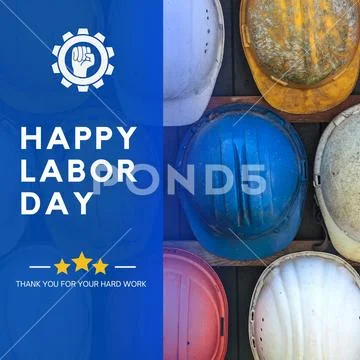 Happy labor day celebration for hard workers with safety hats Plantilla PSD