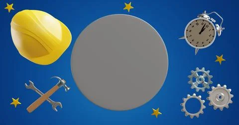 Happy Labor Day. Empty circle with work tools protective helmet alarm clock. Illustrazione stock