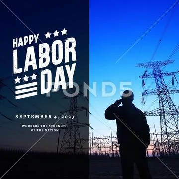 Happy labor day graphic with text and worker silhouette and power lines PSD Template