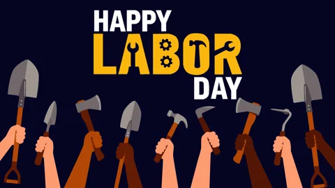 Happy Labor Day with Raised Construction Tools and Workers Celebration Anima Stock Footage 340922308