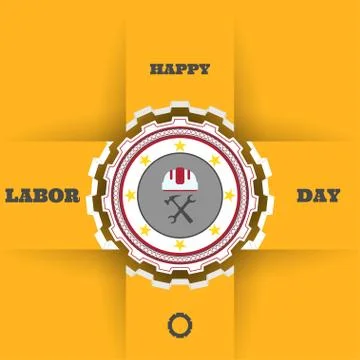 Happy Labor Day vector poster with paper label of gear, shadows on the yell.. Stock Illustration