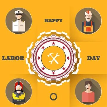Happy Labor Day vector poster with paper label of gear, group avatars of di.. Stock Illustration