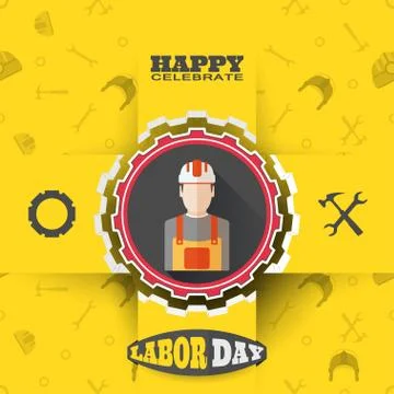 Happy Labor Day vector poster with paper craft label of gear, shadows on the  Stock Illustration