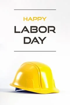 Happy Labor Day vertical background with yellow hard hat isolated on white Stock Illustration