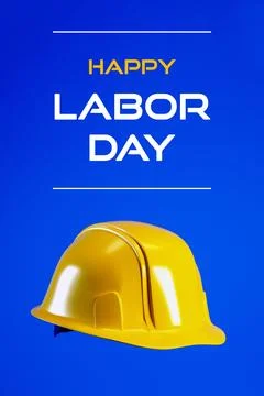 Happy Labor Day vertical background with yellow hard hat isolated on blue, 3d Stock Illustration