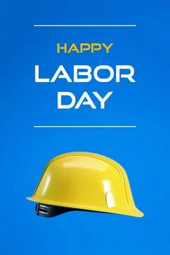 Happy Labor Day vertical background with yellow hard hat isolated on blue, 3d Stock Illustration
