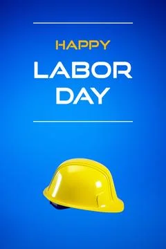 Happy Labor Day vertical background with yellow hard hat isolated on blue, 3d Stock Illustration